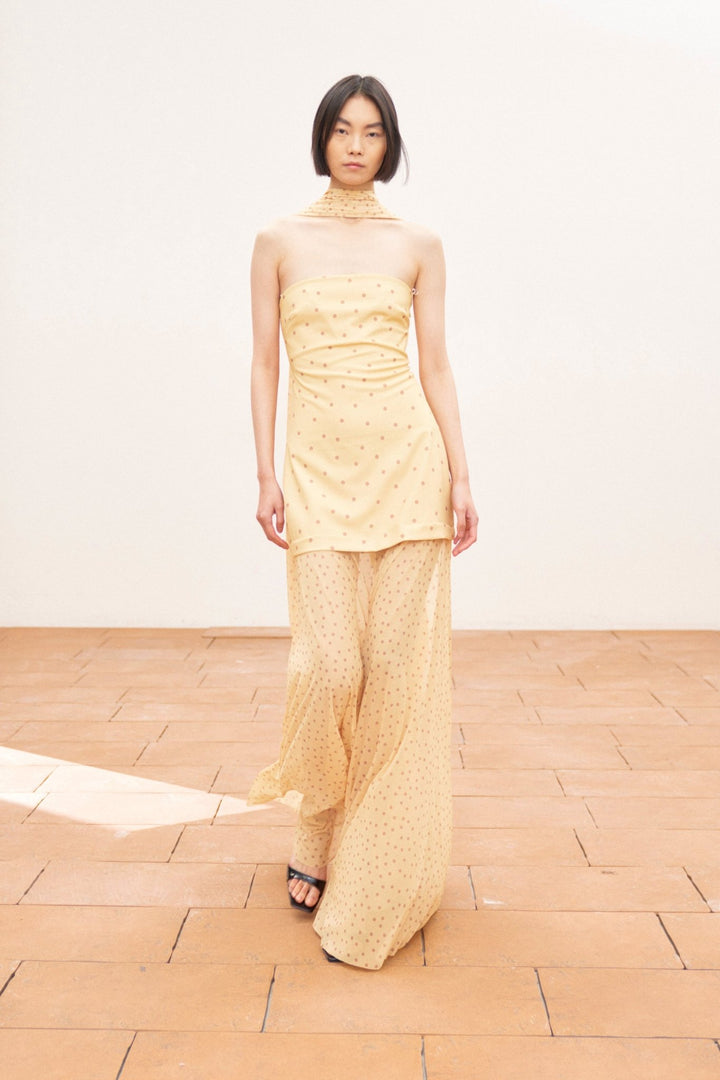 Πουά strapless maxi φόρεμα με τούλι & φουλάρι Lumina