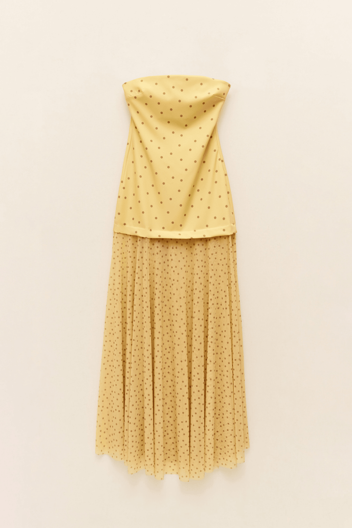 Πουά strapless maxi φόρεμα με τούλι & φουλάρι Lumina