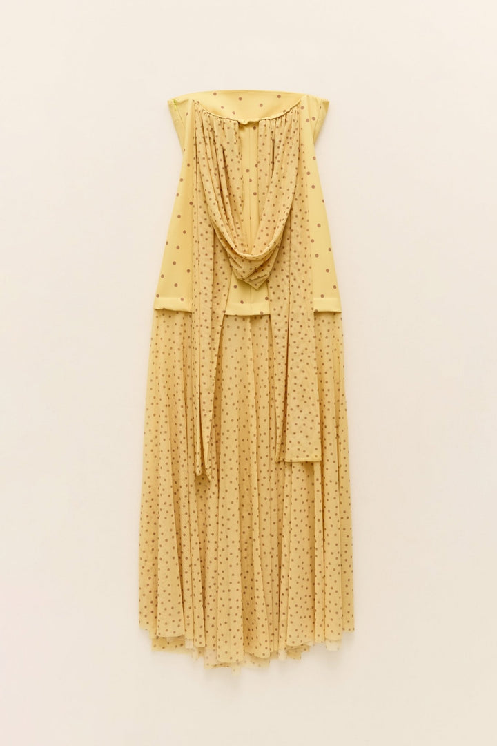 Πουά strapless maxi φόρεμα με τούλι & φουλάρι Lumina