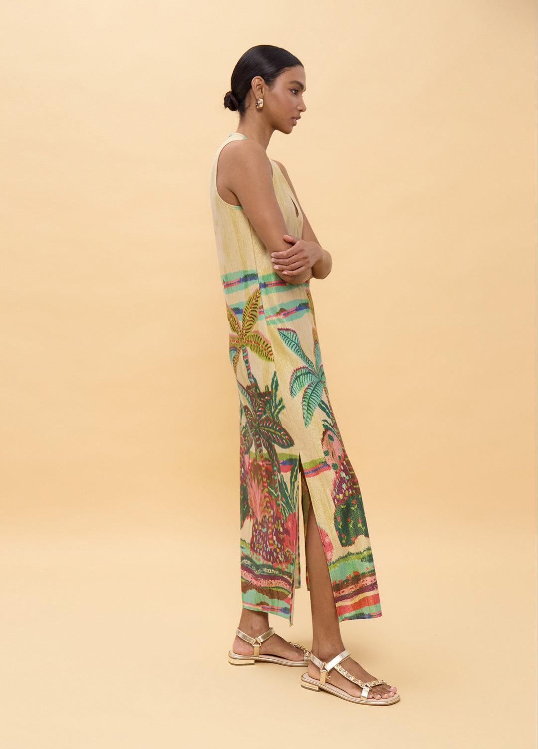 Μάξι φόρεμα με Tropical Print & χρυσοκλωστή Lola Casademunt
