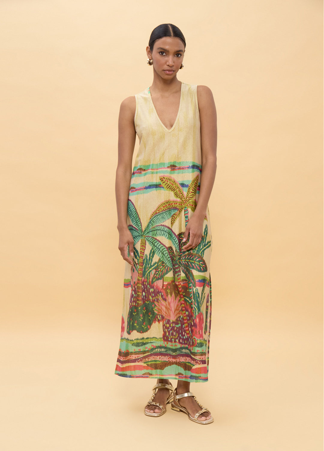 Μάξι φόρεμα με Tropical Print & χρυσοκλωστή Lola Casademunt