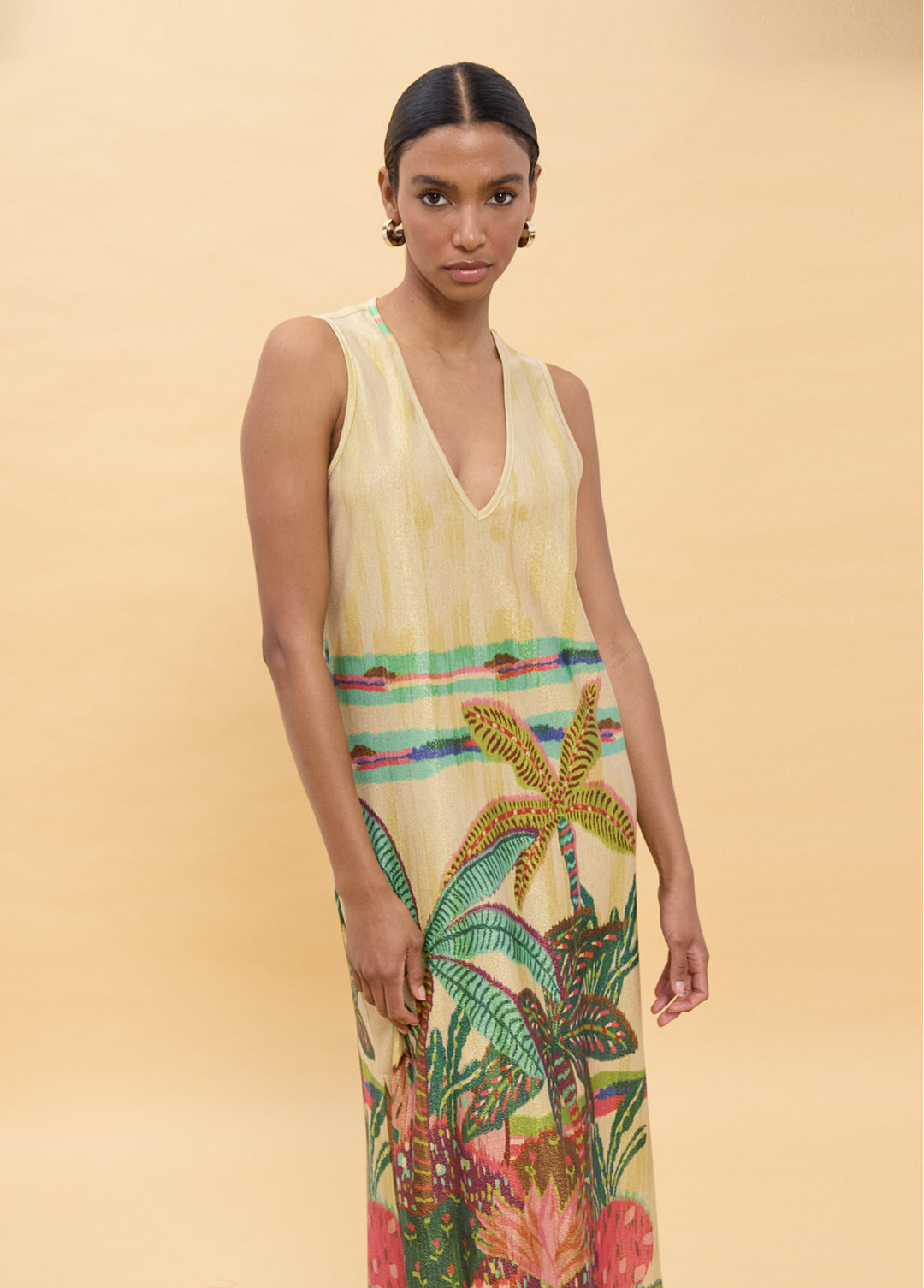 Μάξι φόρεμα με Tropical Print & χρυσοκλωστή Lola Casademunt