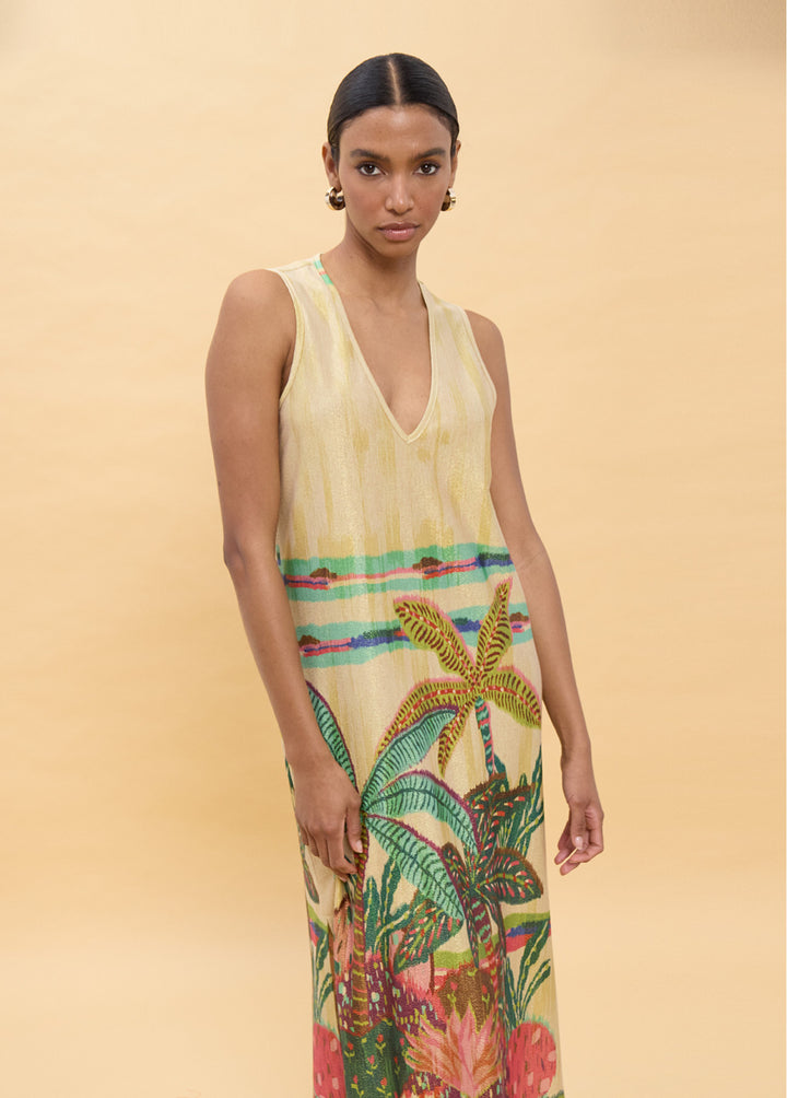 Μάξι φόρεμα με Tropical Print & χρυσοκλωστή Lola Casademunt