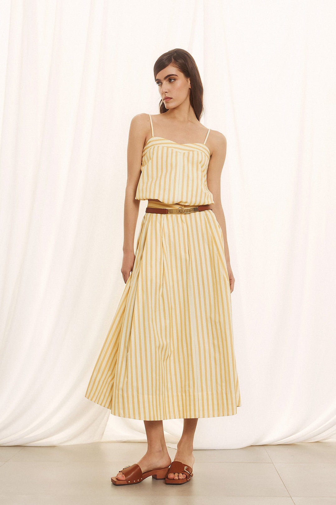Ριγέ ποπλίνα σετ με cropped top και midi φούστα Figaro Fashion