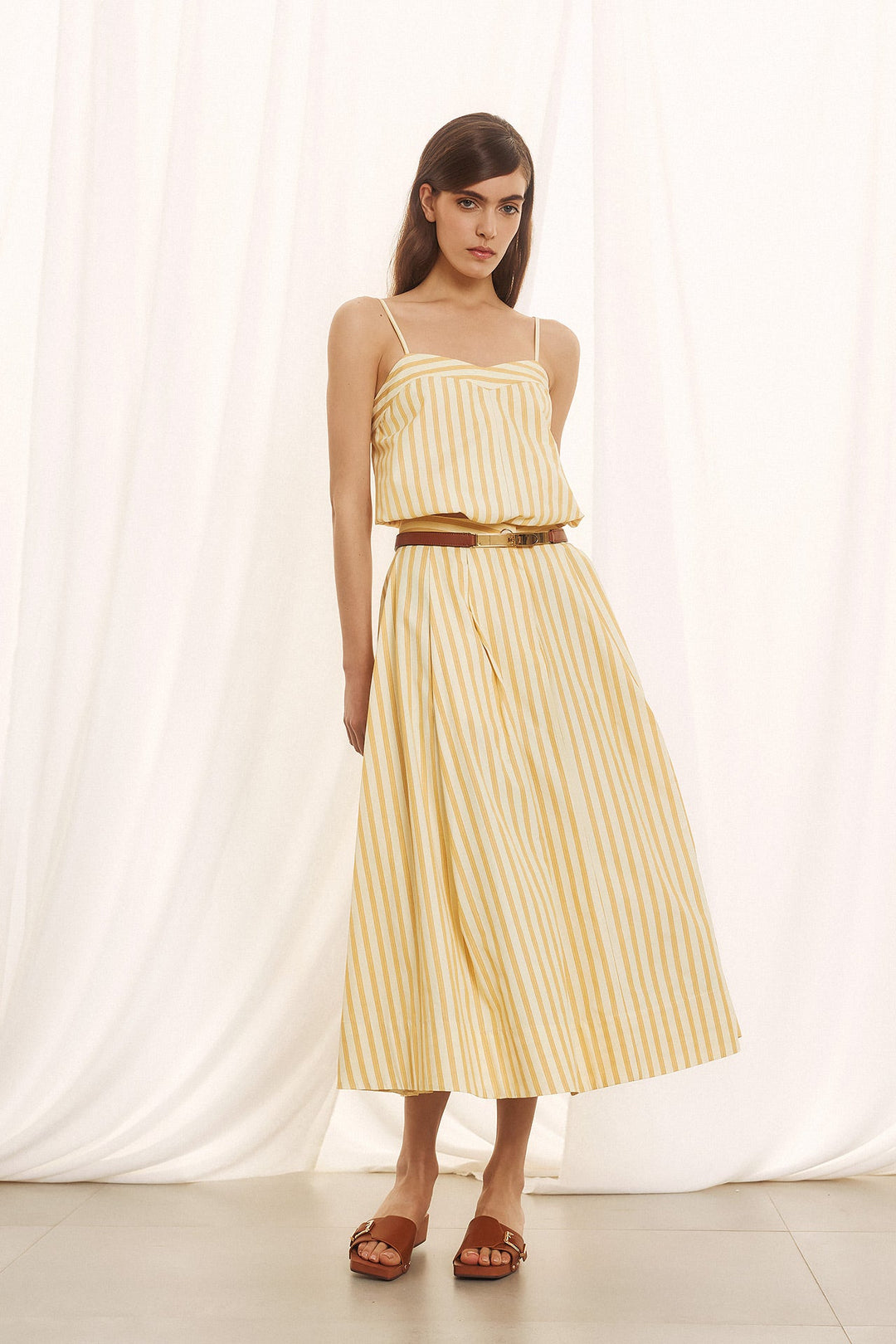 Ριγέ ποπλίνα σετ με cropped top και midi φούστα Figaro Fashion