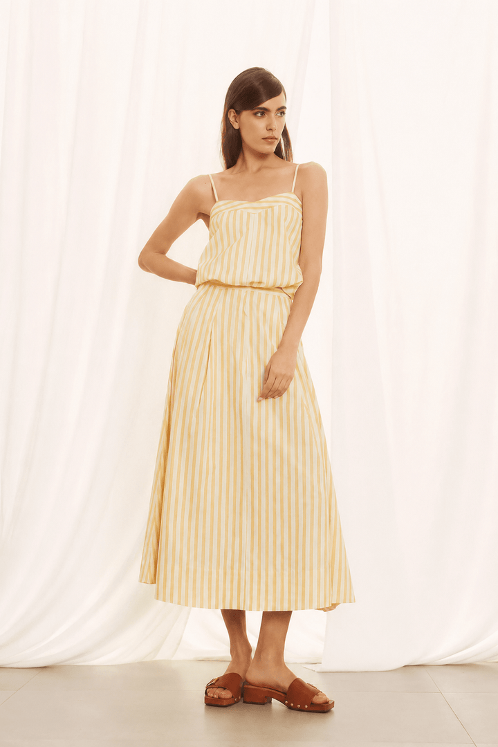 Ριγέ ποπλίνα σετ με cropped top και midi φούστα Figaro Fashion