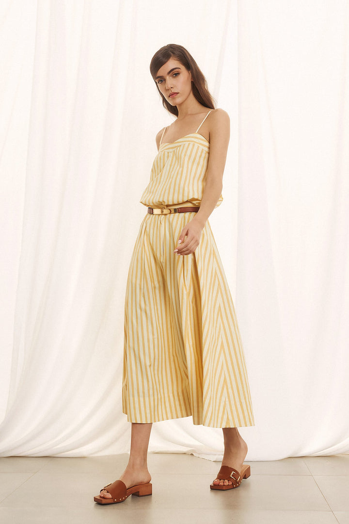 Ριγέ ποπλίνα σετ με cropped top και midi φούστα Figaro Fashion