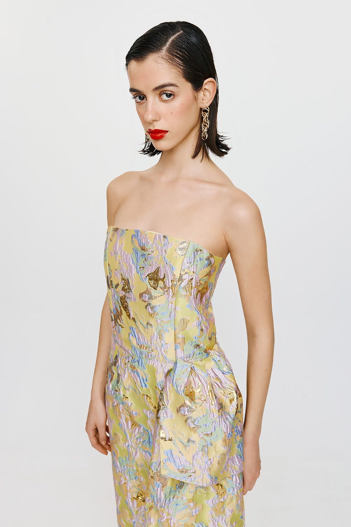Vicky Midi (Abstract) – Strapless midi φόρεμα με ιδιαίτερο μεταλλικό κέντημα Mormor