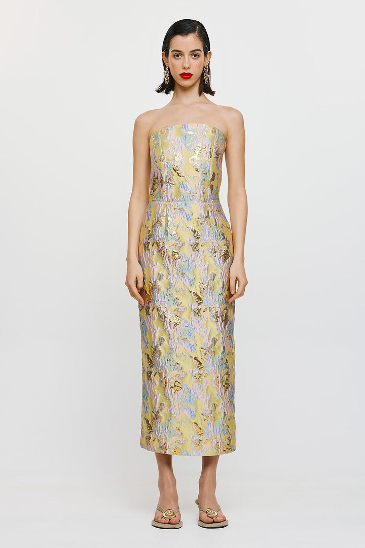Vicky Midi (Abstract) – Strapless midi φόρεμα με ιδιαίτερο μεταλλικό κέντημα Mormor