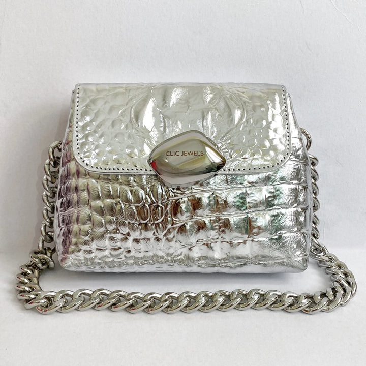 Τσάντα MiniBag Maya κροκό ασημί δερμάτινη Clic Jewels - A Collection Boutique